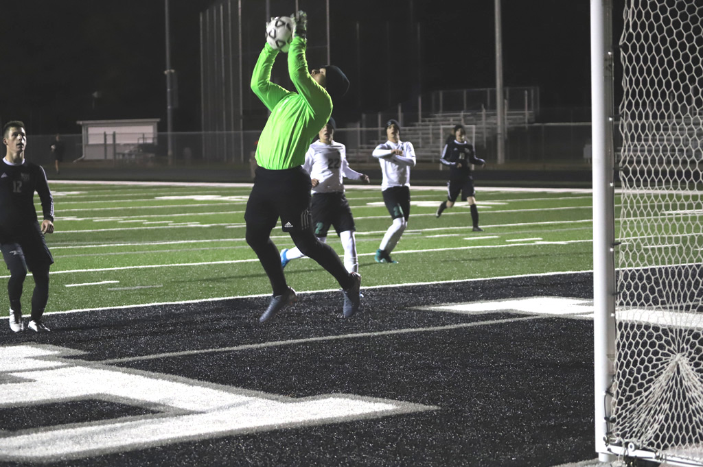 Gavin Ostermann makes a save in the second half.