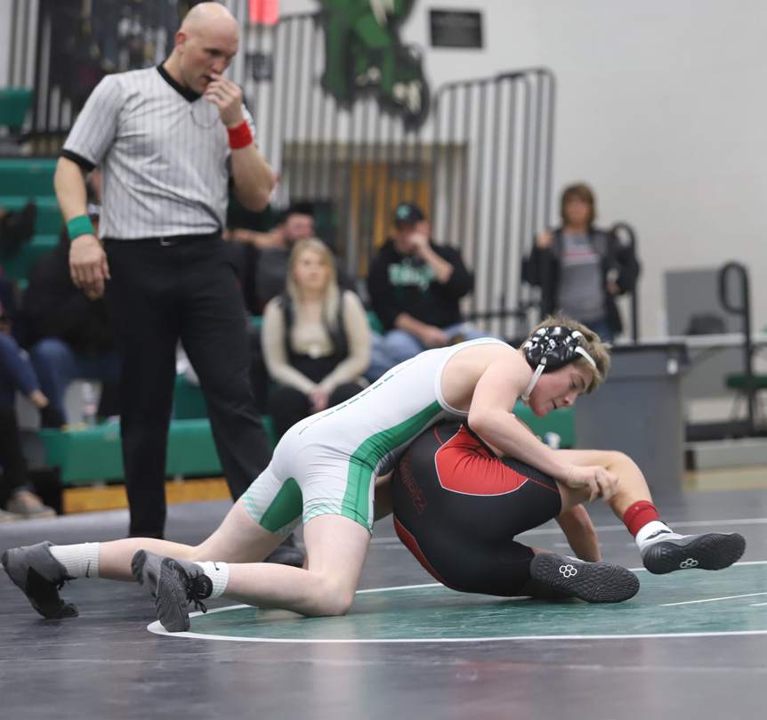 In an exhibition match, Cole Lehman bests his opponent Carsyn Mayer.