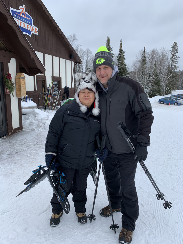 Wendy and Kyle enjoy the snowshoe trails at Minocqua Winter Park.
